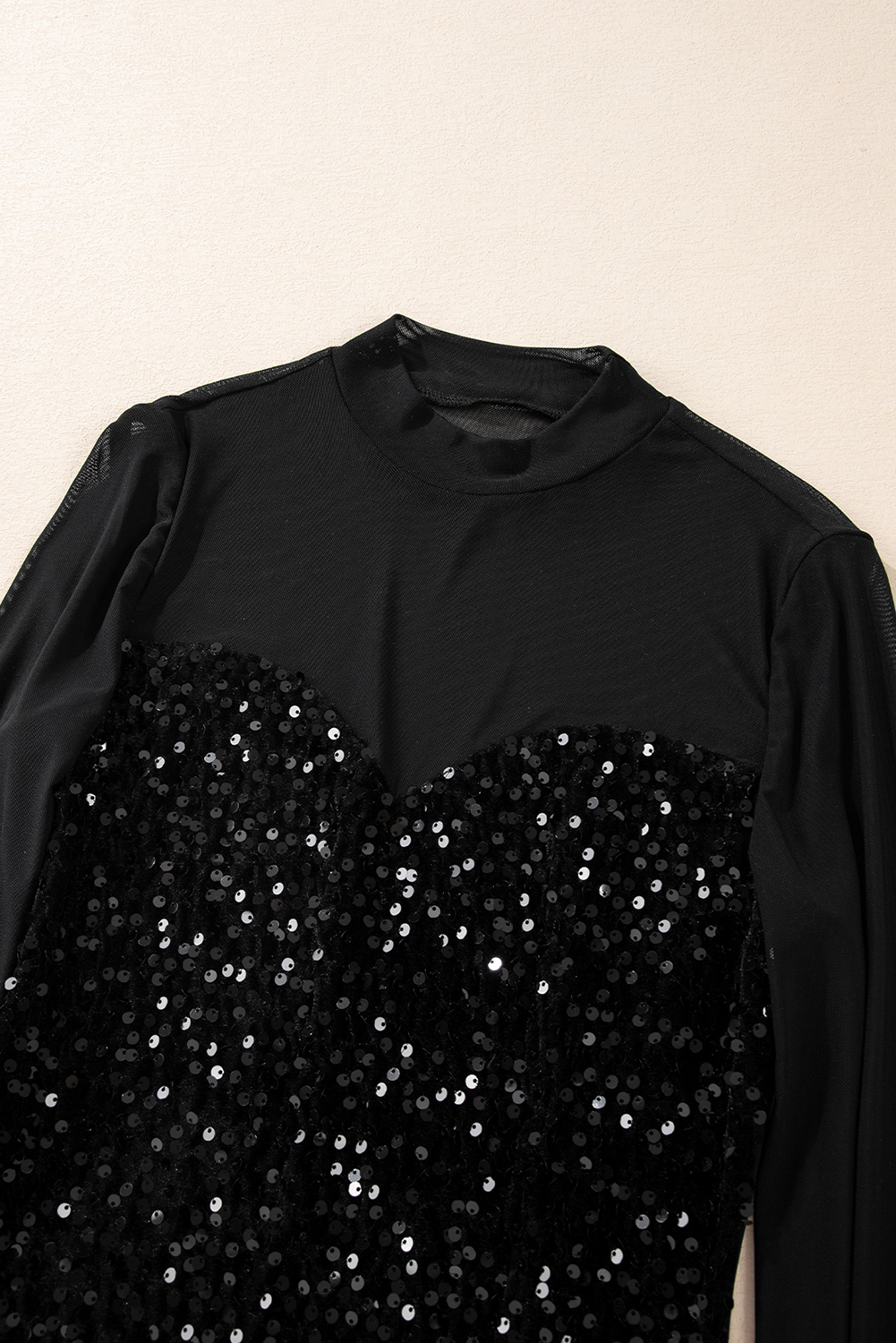 Black Sequin Velvet Sheer Mesh Mock Neck Blouse - loveforevers