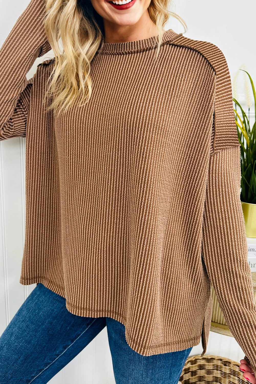 Dark Khaki Twist Ribbed Exposed Seam Detail Long Sleeve Loose Top - loveforevers