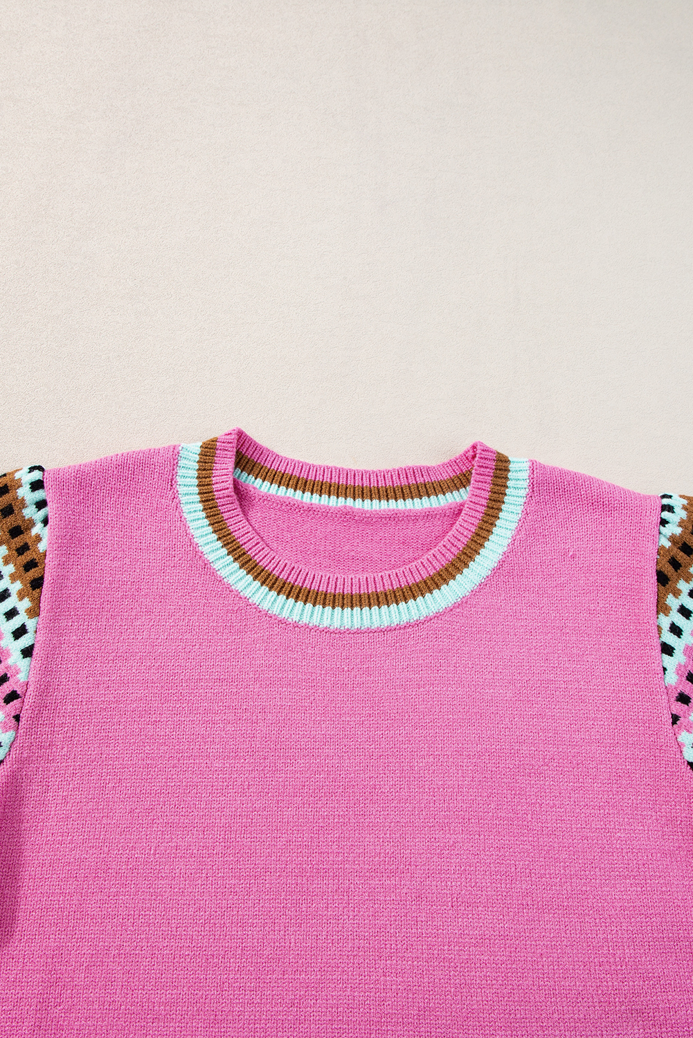 Bright Pink Contrast Printed Cap Sleeves Crewneck Sweater - loveforevers