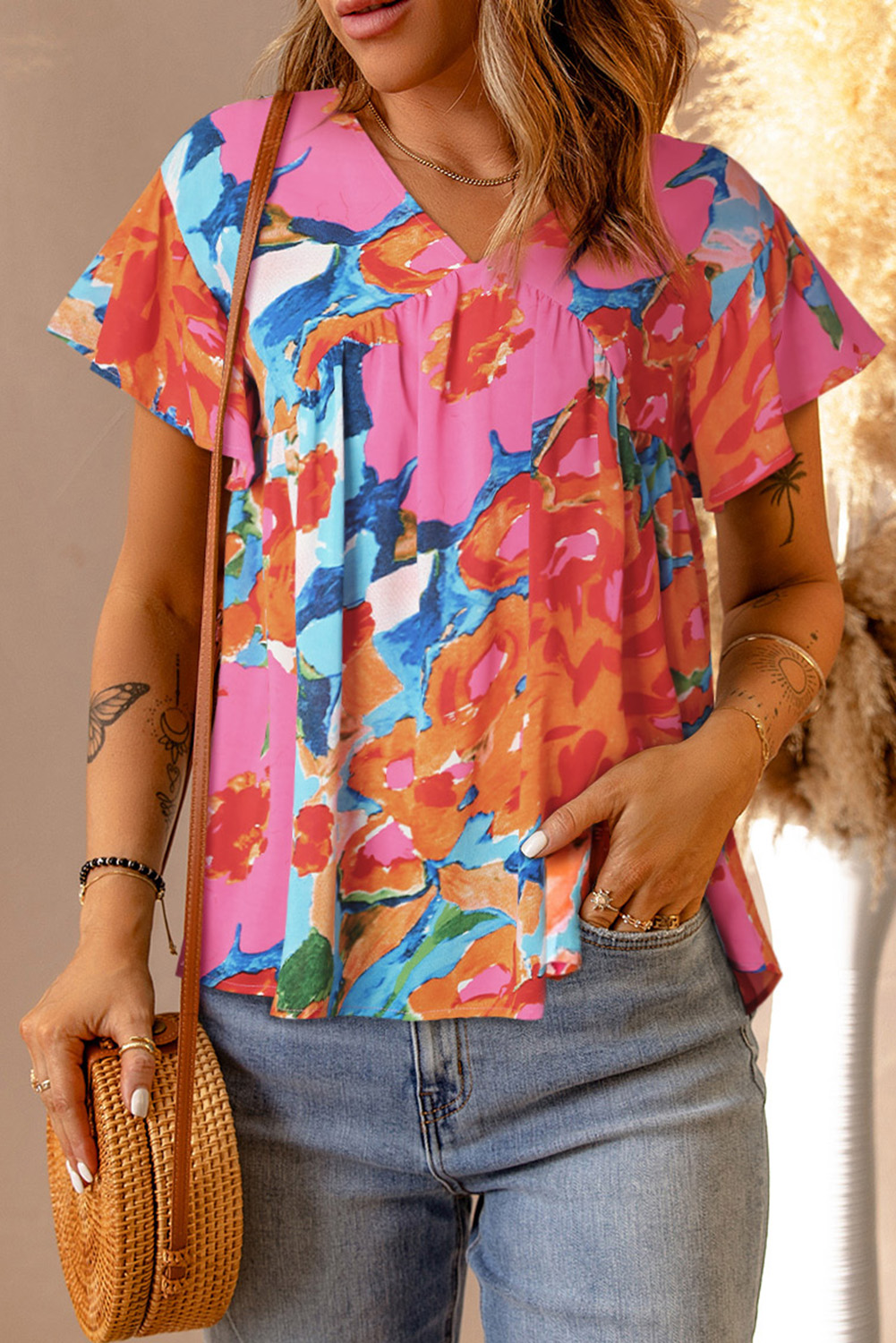Pink Abstract Print V Neck Flutter Sleeve Blouse - loveforevers