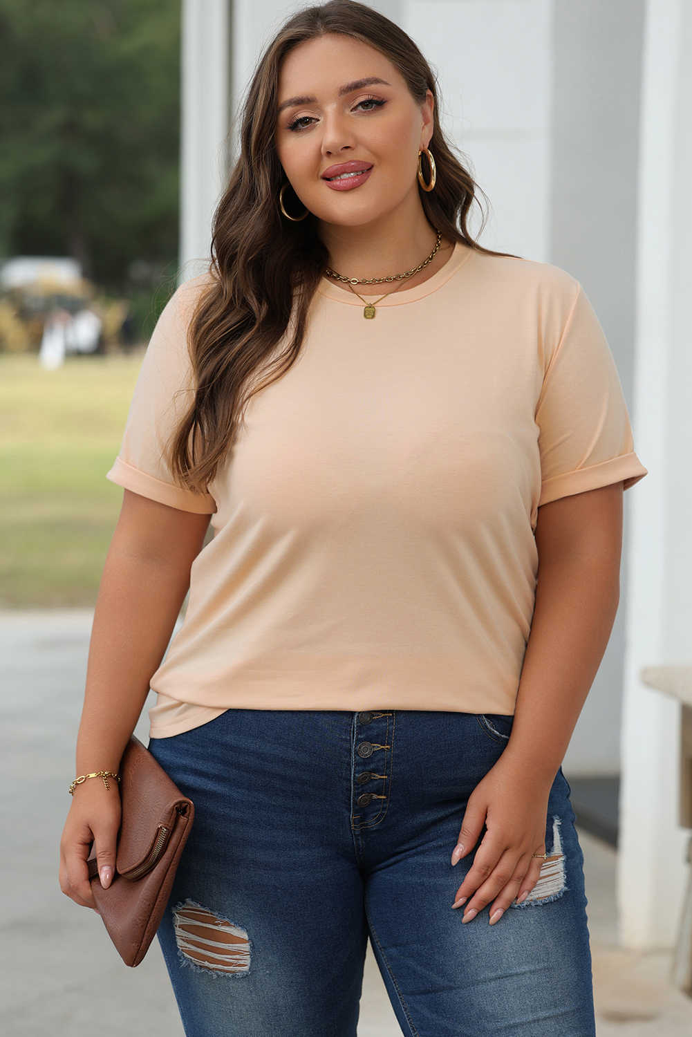 Khaki Casual Plain Crew Neck Tee - loveforevers