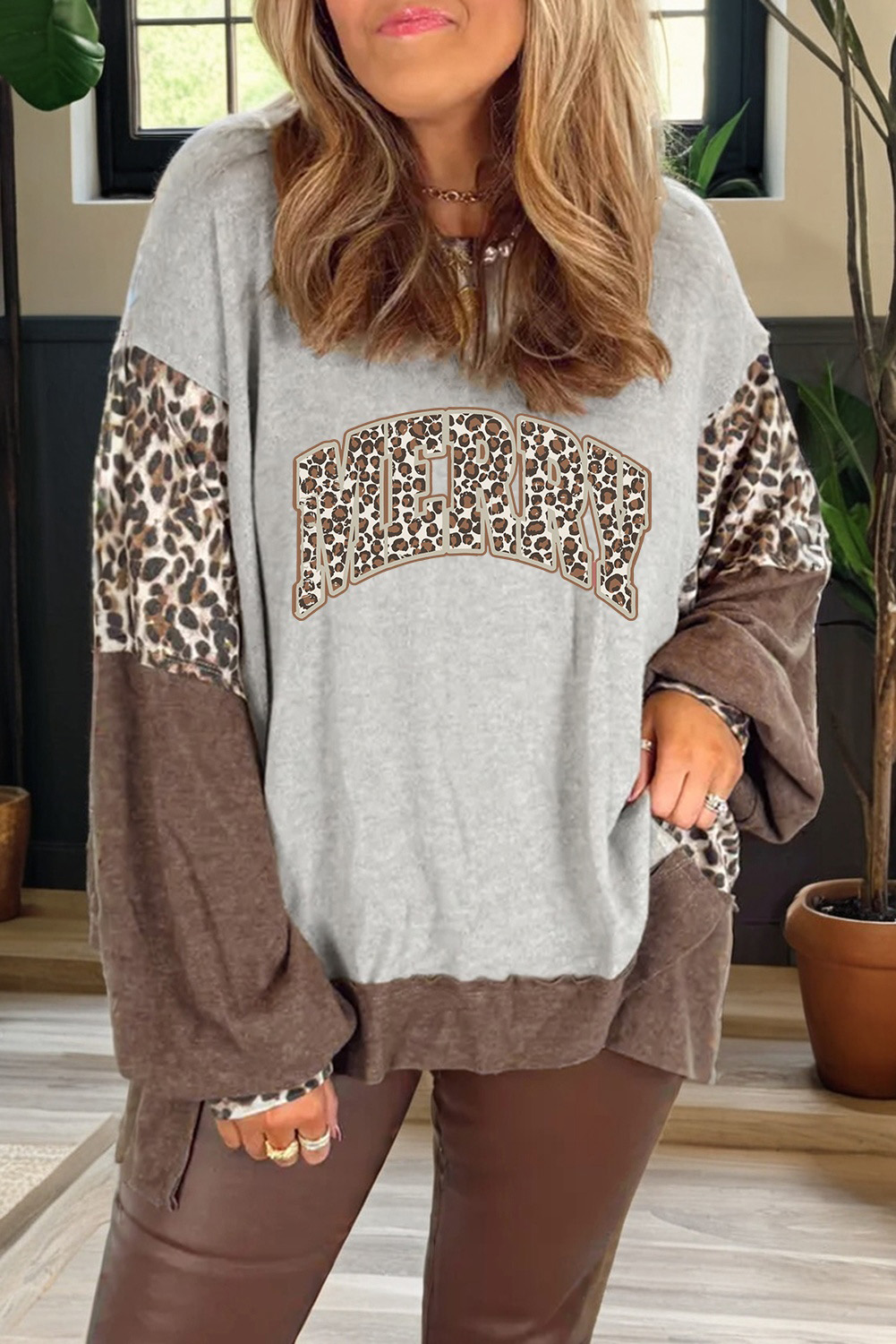 Gray Color Block Leopard Contrast Letter Graphic Christmas Sweatshirt - loveforevers