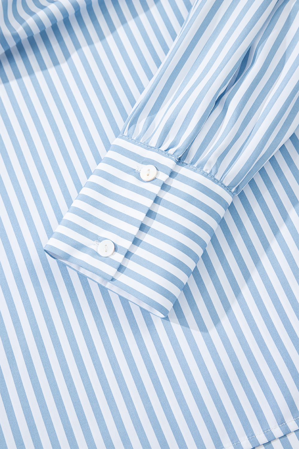 Sky Blue Stripe Shirred Detail Half Placket Collared Long Sleeve Fall Shirt - loveforevers