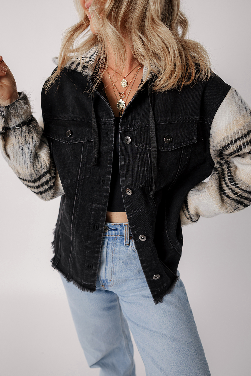 Black Plaid Sleeve Frayed Hem Hooded Denim Jacket - loveforevers