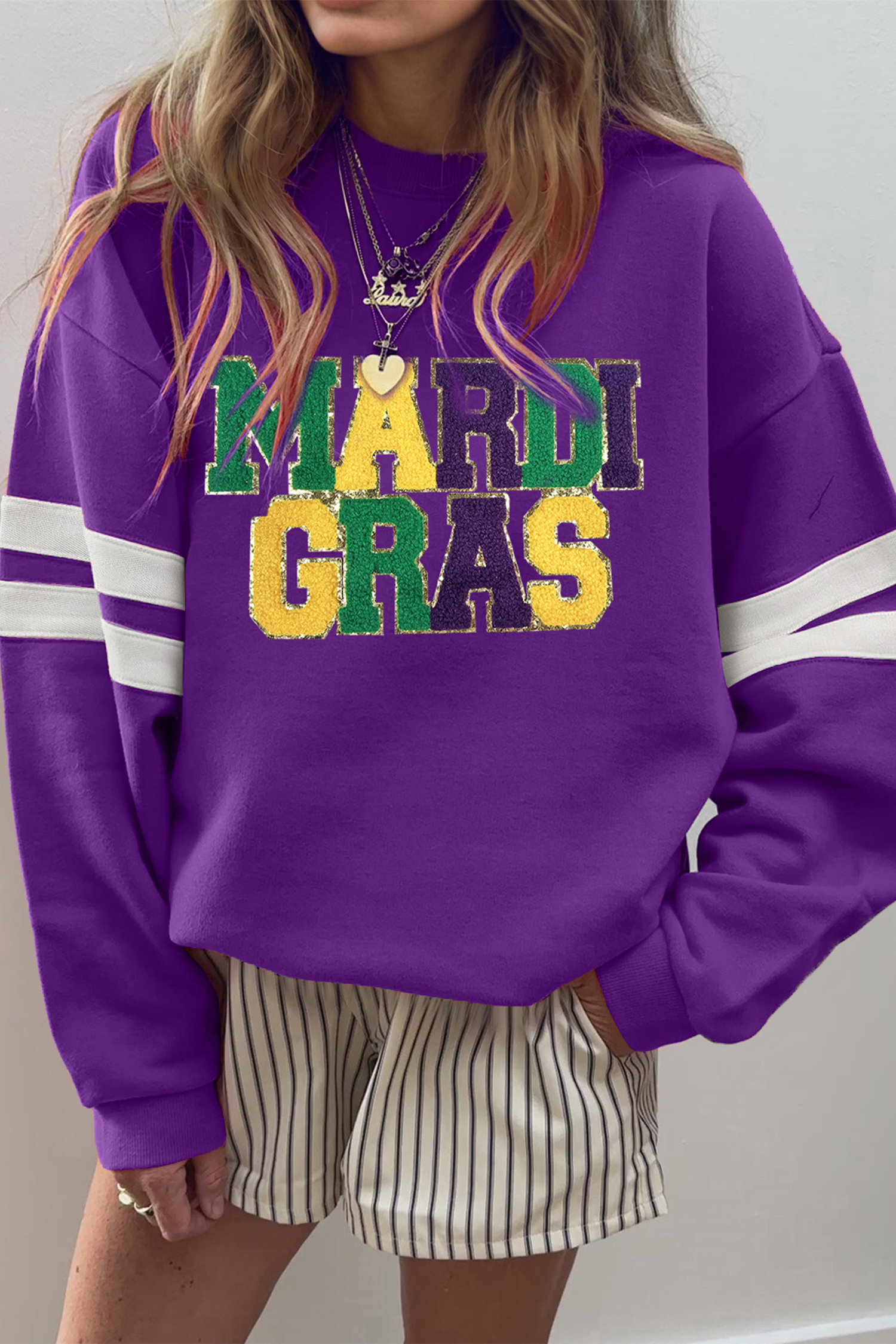 Tillandsia Purple Mardi Gras Patched Graphic Varsity Sweatshirt - loveforevers