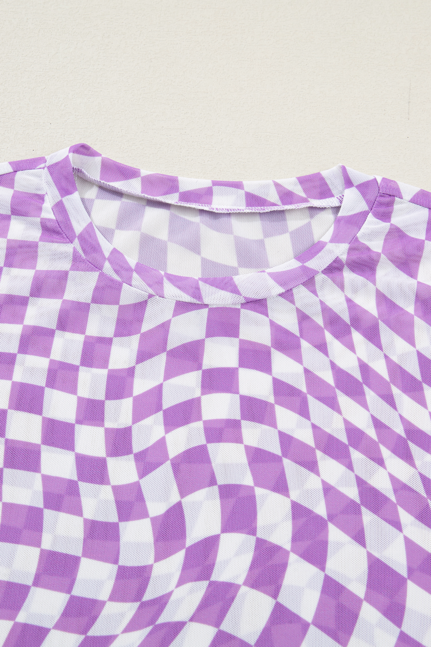 Purple Checkered Print Mock Neck Mesh T Shirt - loveforevers