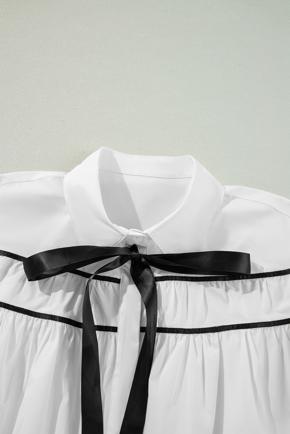 White Black Pipping Ribbon Bowtie Collared Ruffled Puff Sleeve Shirt - loveforevers