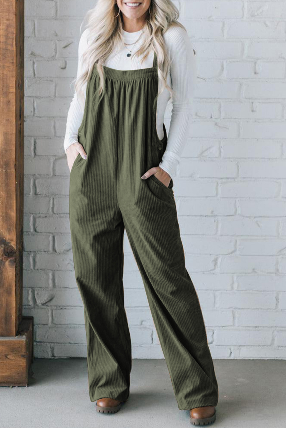 Jungle Green Solid Pocketed Loose Fit Corduroy Overall - loveforevers