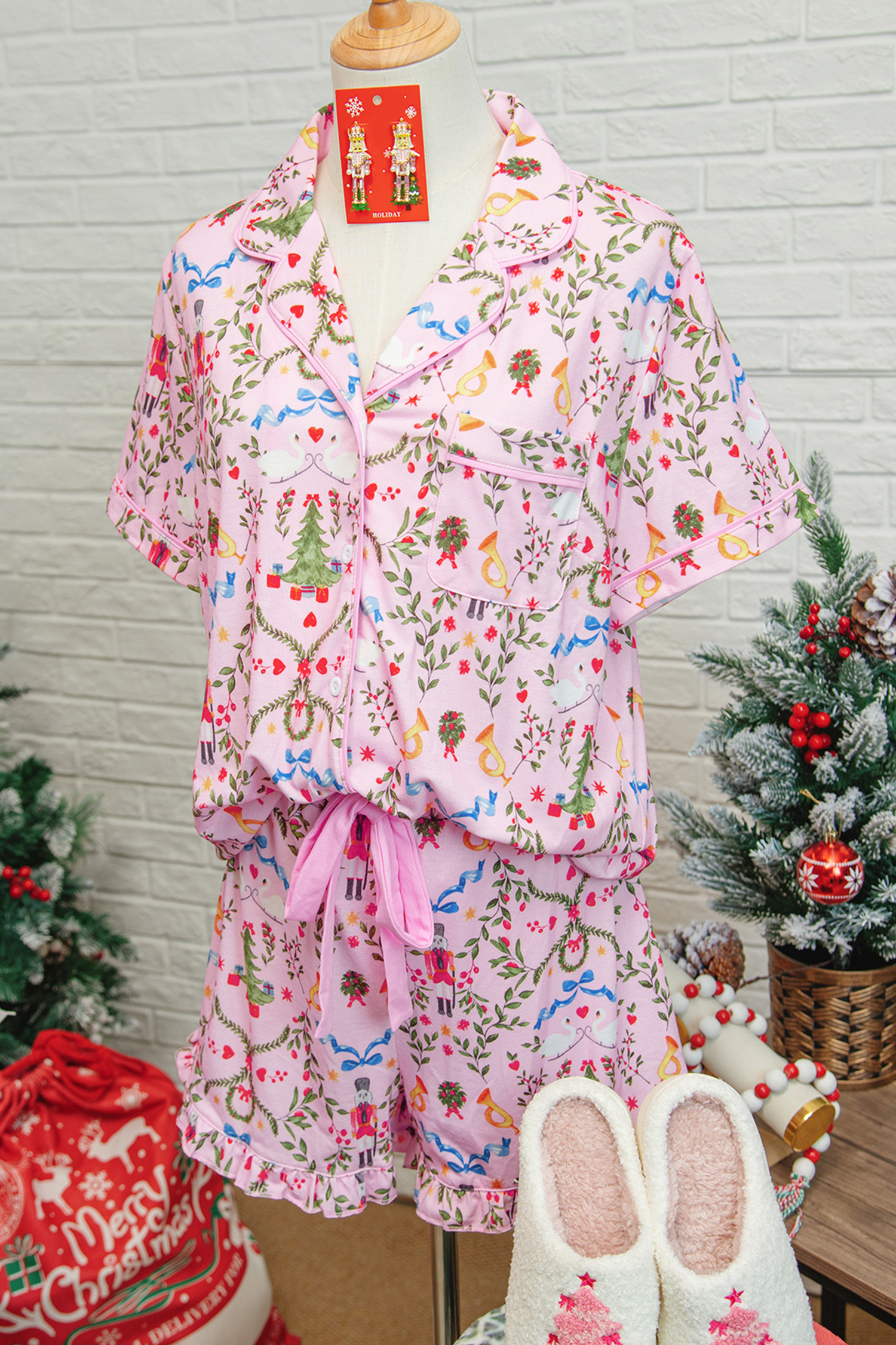 Pink Nutcracker Doll Christmas Print Ribbon Tie Waist Short 2pcs Pajama Set - loveforevers