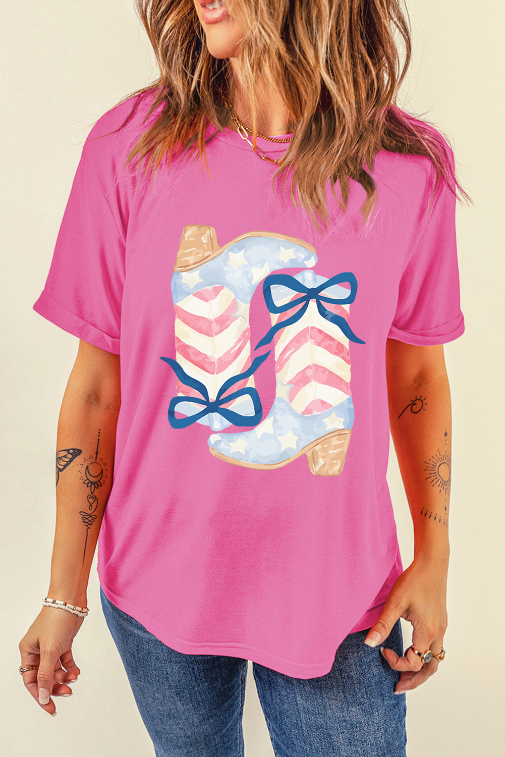 Sachet Pink Flag Pattern Boots Bow Accent Casual Graphic Tee - loveforevers