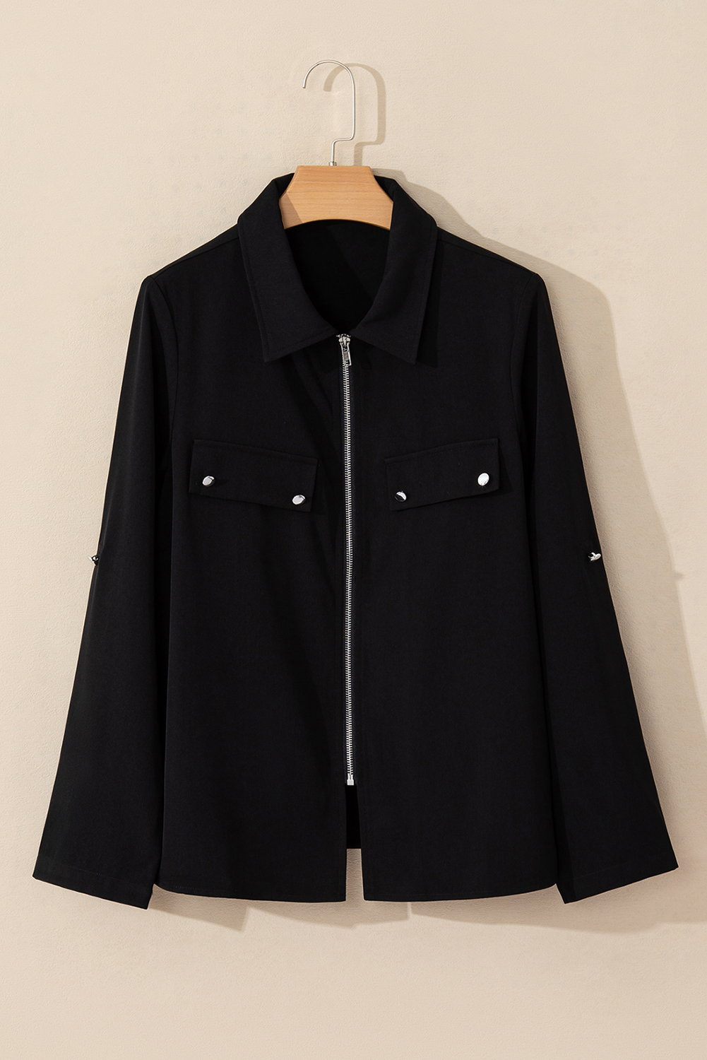 Red Dahlia Collar Tab Sleeve Zip Up Flap Detail Jacket - loveforevers