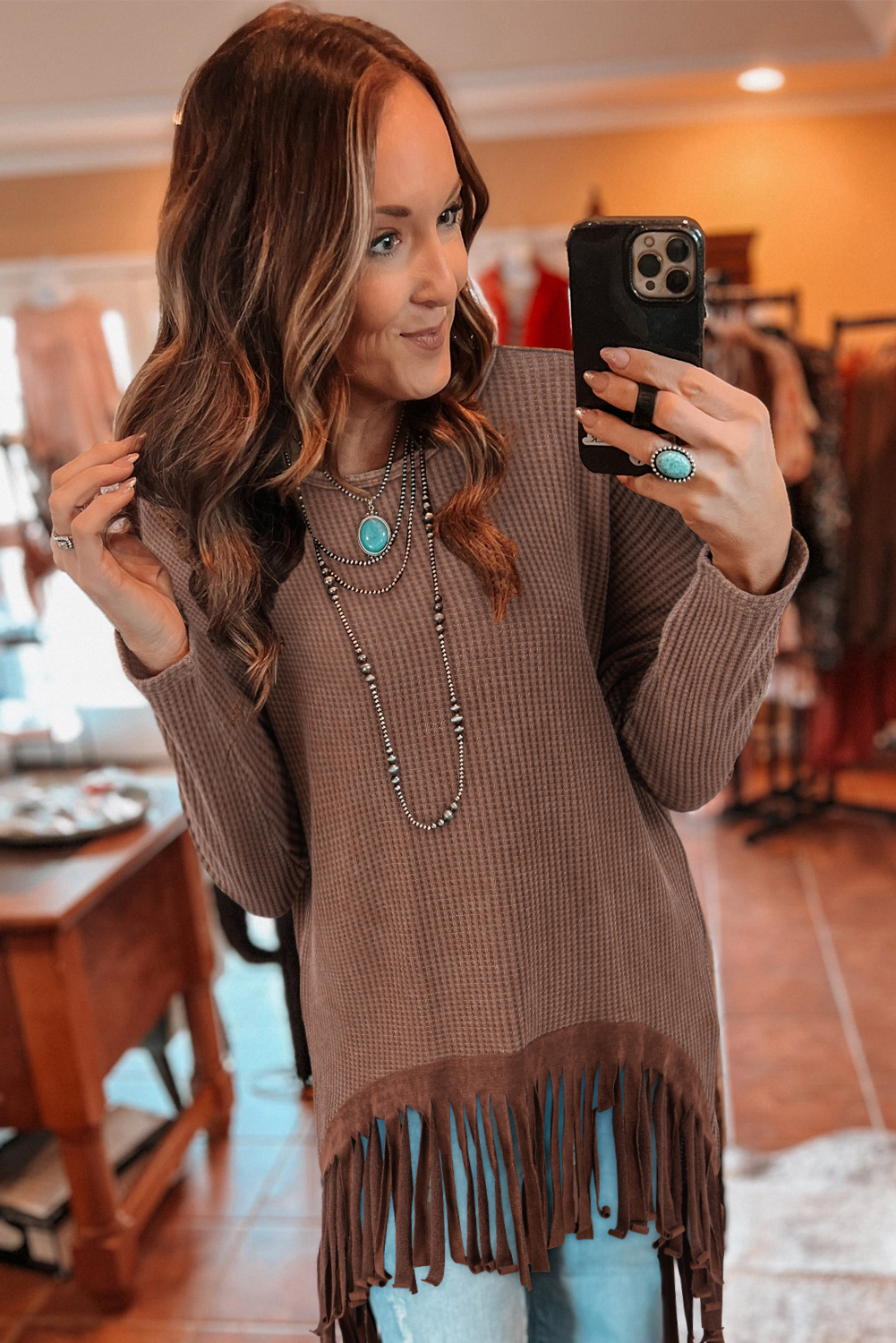 Coffee Waffle Knit Fringed High Low Loose Top - loveforevers