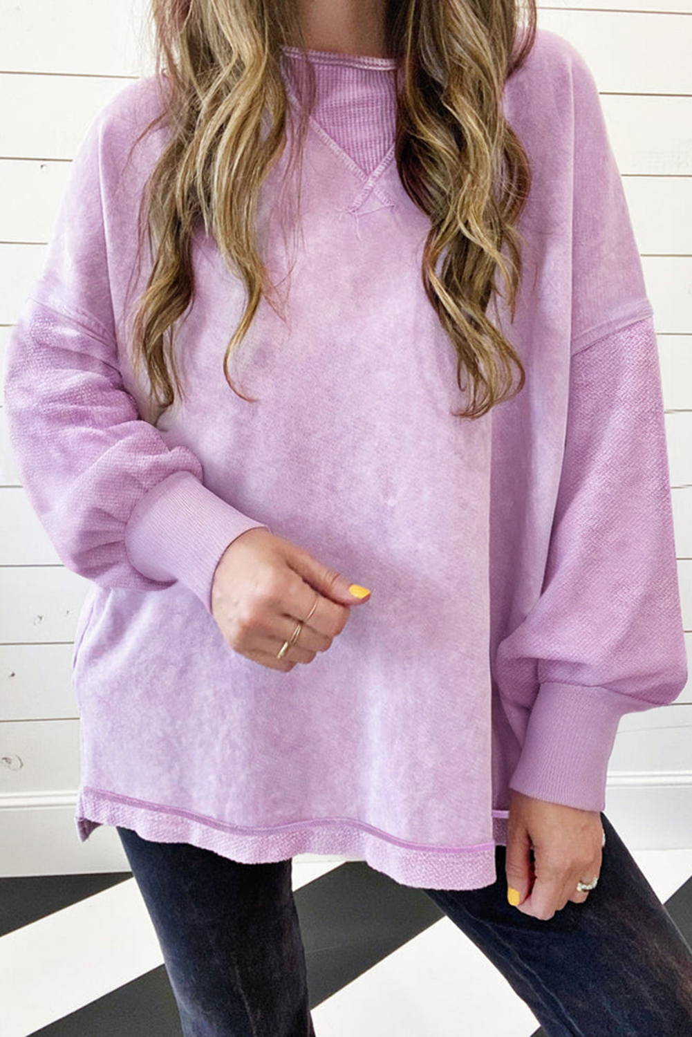 Orchid Petal Mineral Wash Drop Shoulder Pullover Sweatshirt - loveforevers