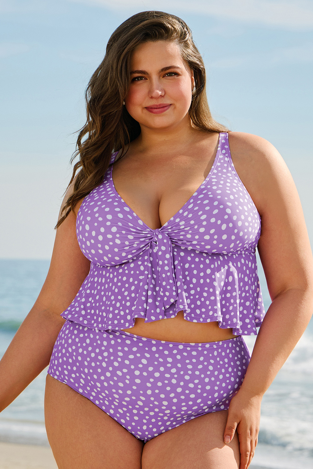 Purple Plus Size Polka Dot Print Ruffled Knotted V Neck Tankini Set - loveforevers