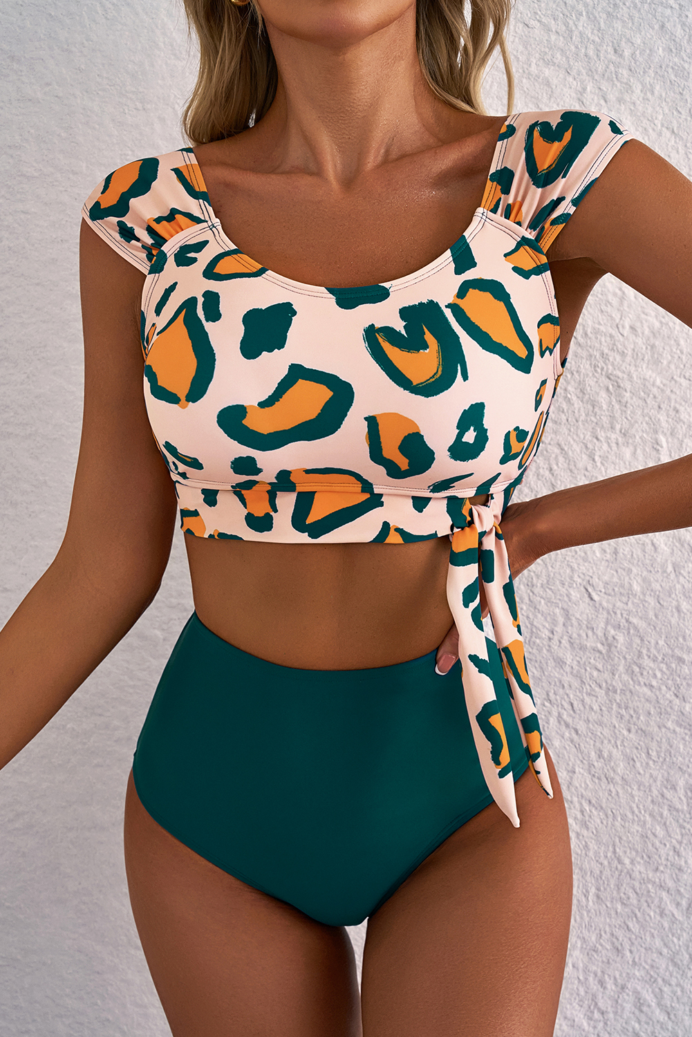Green Leopard Print U Neck Knotted High Waist Bikini Set - loveforevers