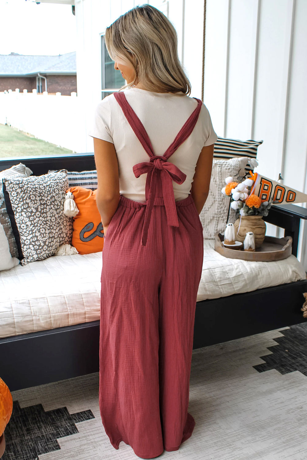 Red Clay Knotted Back Strap Cotton Bib Jumpsuit - loveforevers
