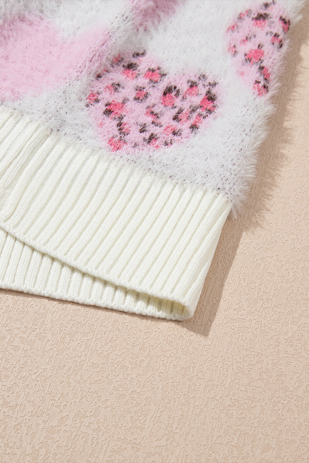 Pink Heart Leopard Print Pearled Ribbed Trim Fuzzy Sweater - loveforevers