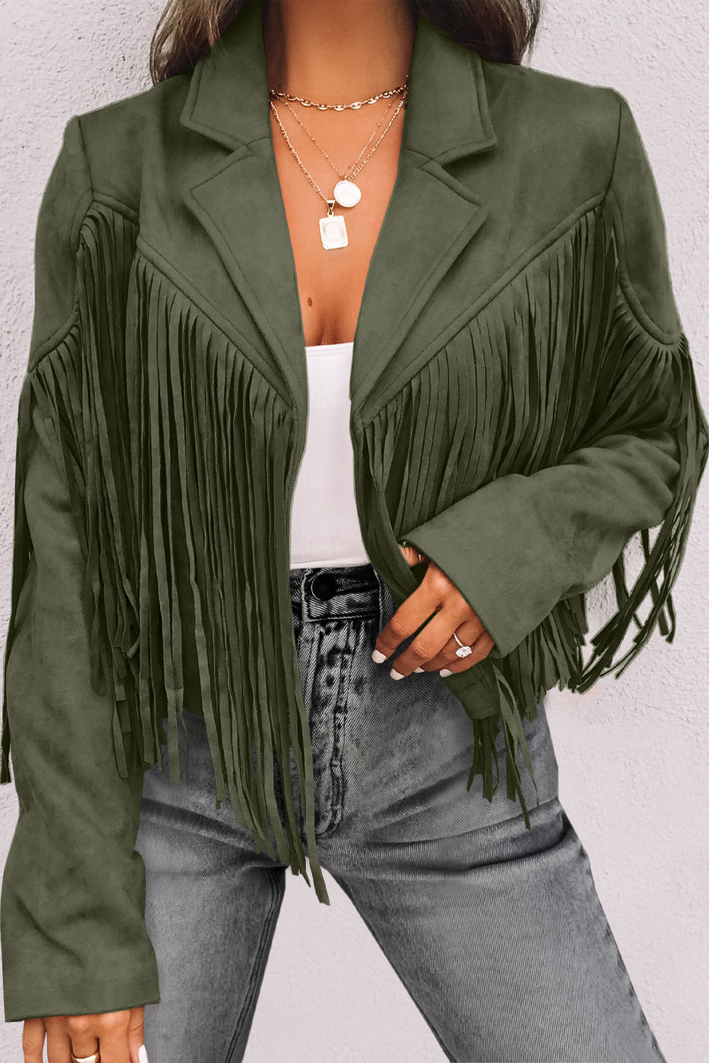 Gray Cropped Fringe Faux Suede Jacket - loveforevers
