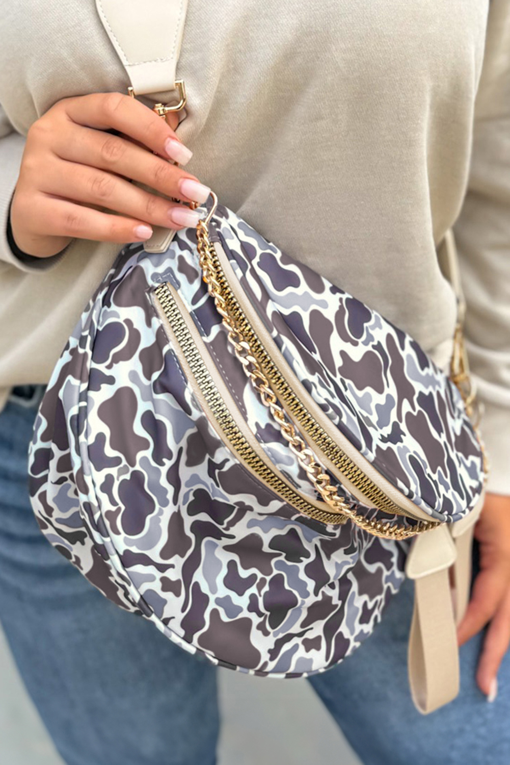 Camel Polka Dot Print Gold Chain Strap Double Zipper Crossbody Bag - loveforevers