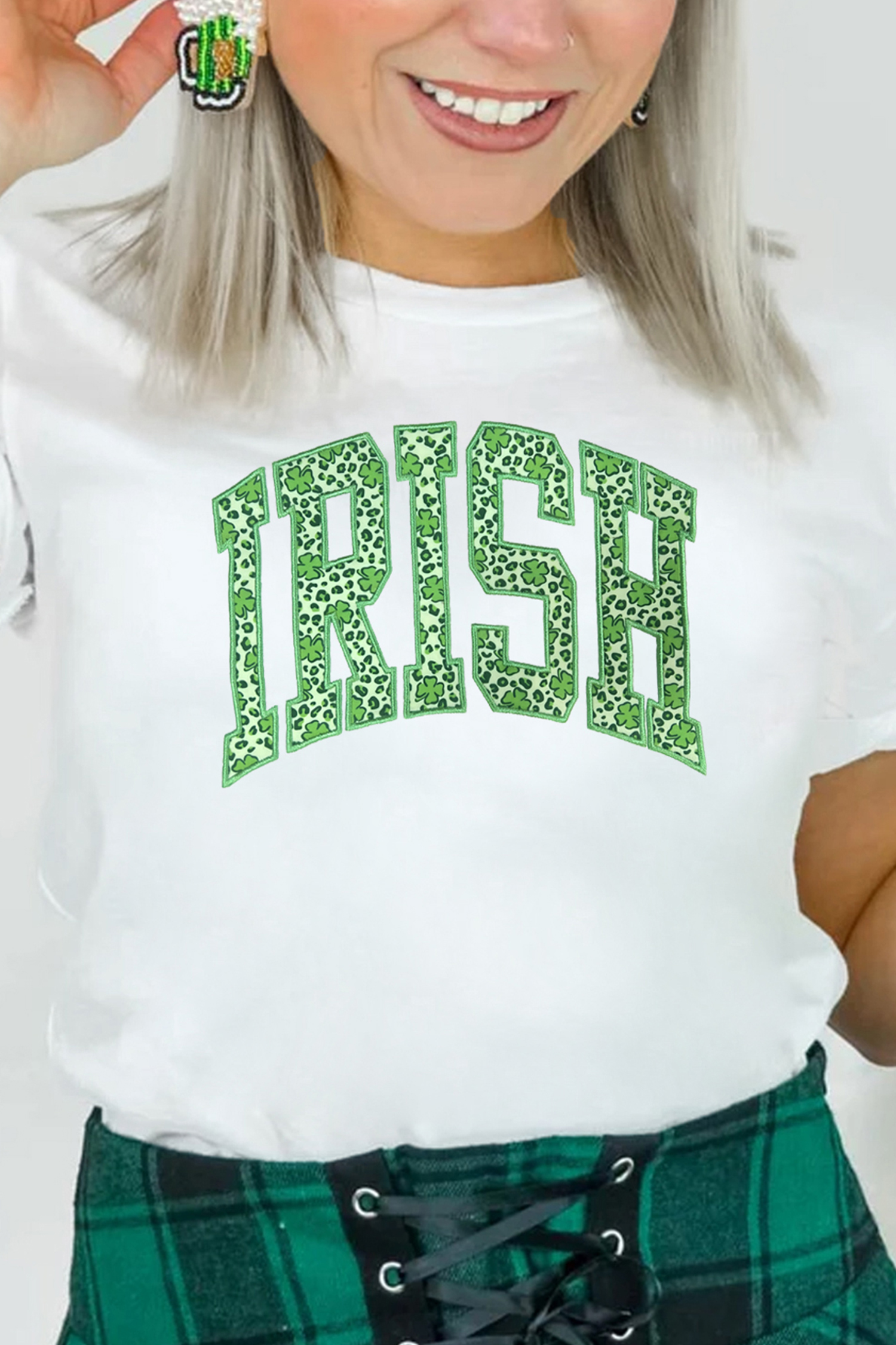 White IRISH Leopard Clover Embroidered Patch Graphic Tee - loveforevers
