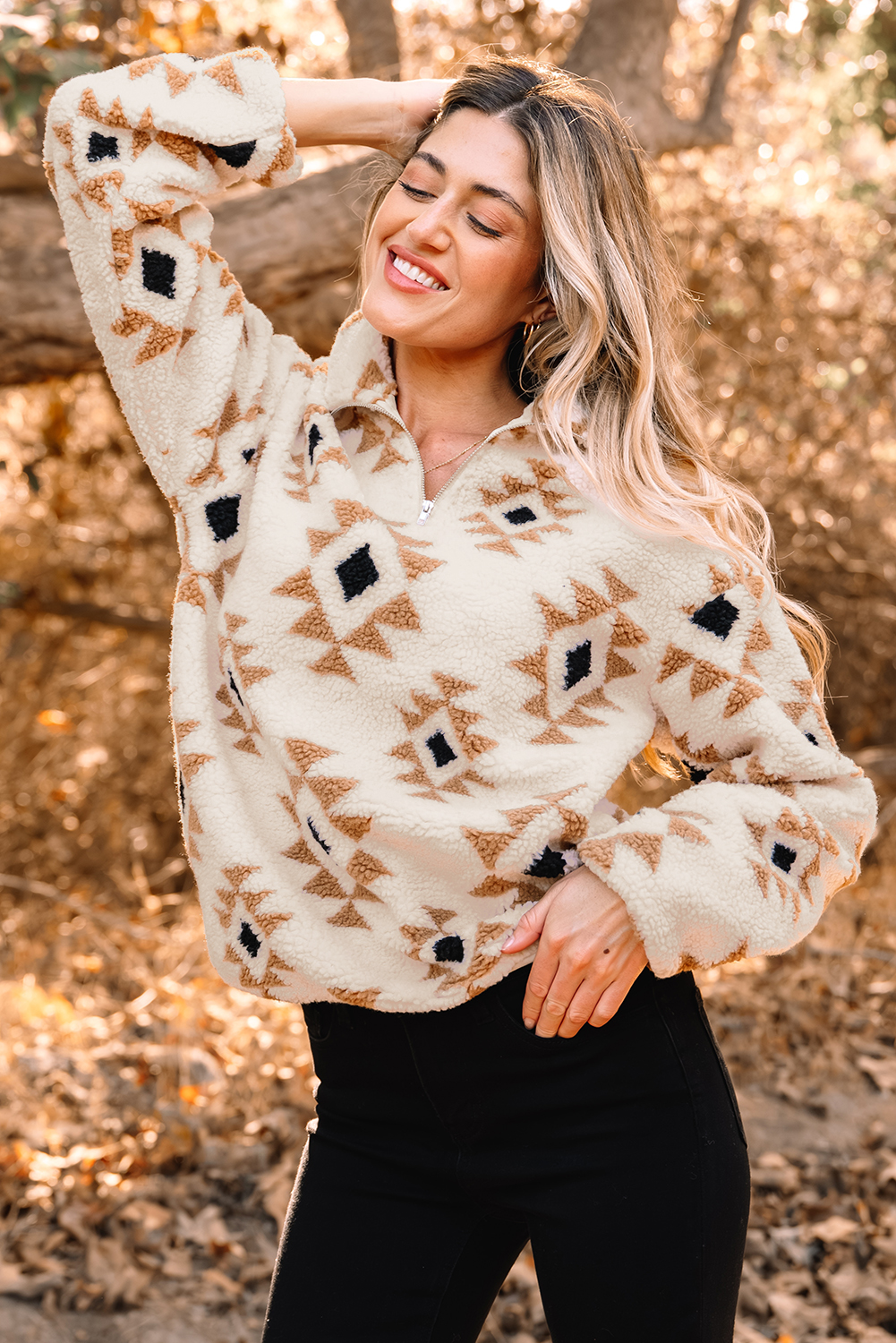 Khaki Aztec Print Sherpa Quarter Zip Collar Sweatshirt - loveforevers