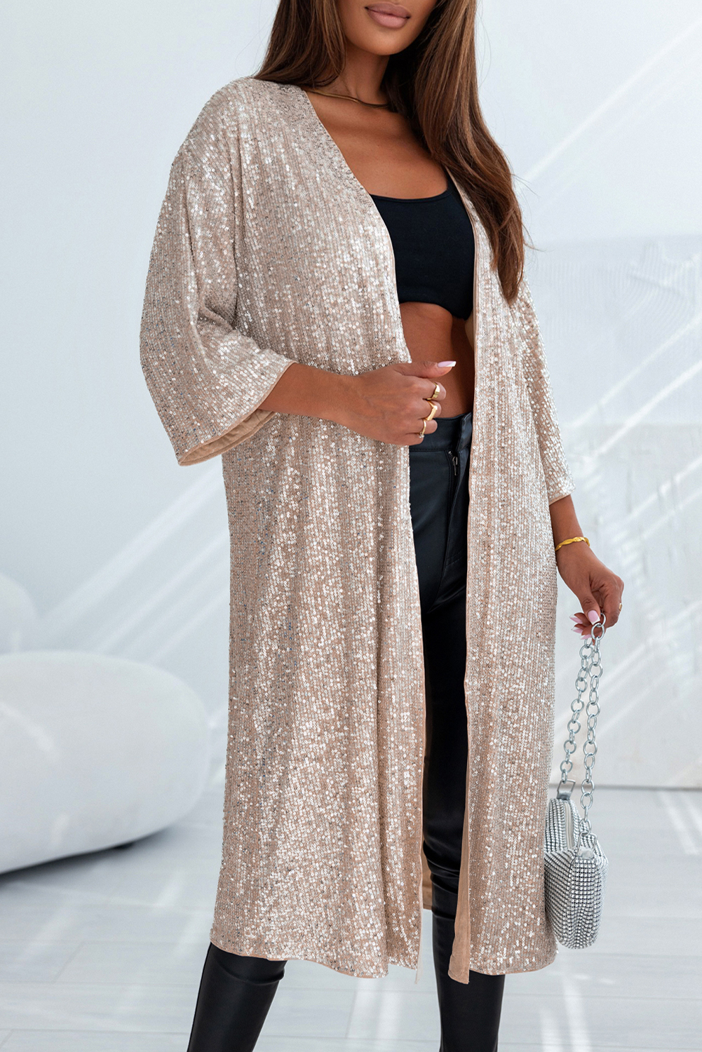 Apricot Sequin 3/4 Sleeve Open Front Duster Kimono - loveforevers