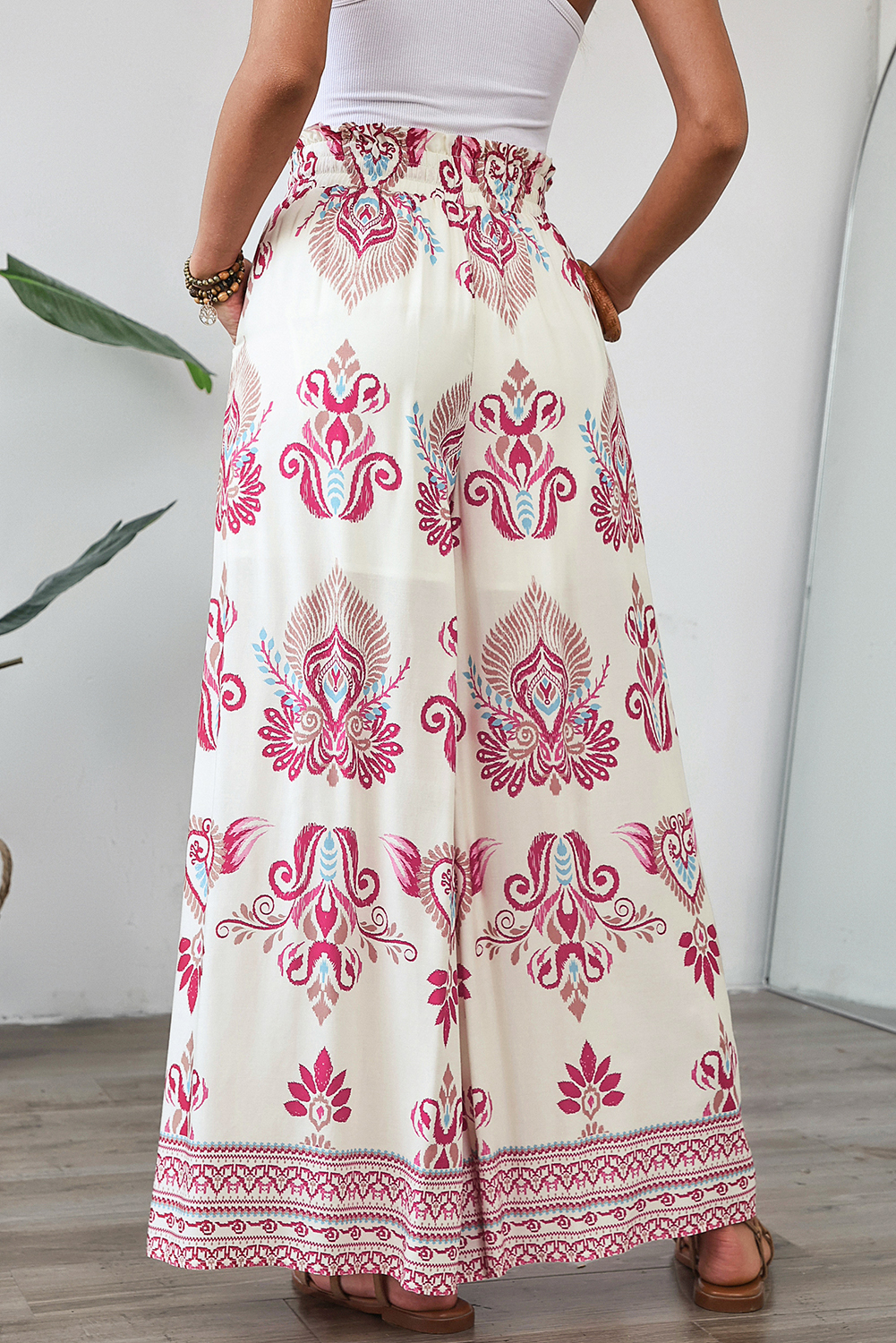 Rose Boho Printed Shirred High Waist Flowy Wide Leg Pants - loveforevers
