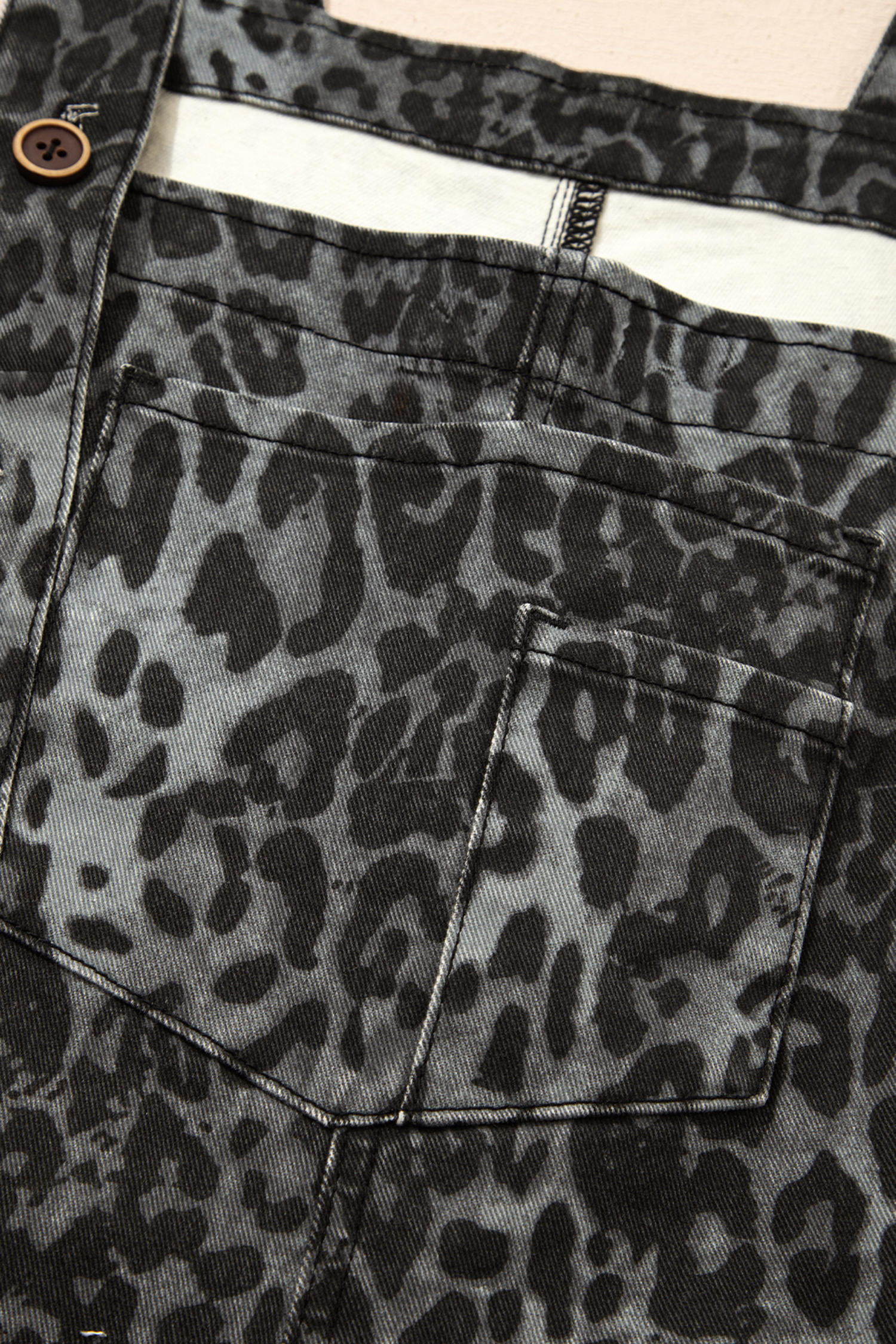 Gray Leopard Print Button Adjustable Straps Cropped Loose Denim Overalls - loveforevers