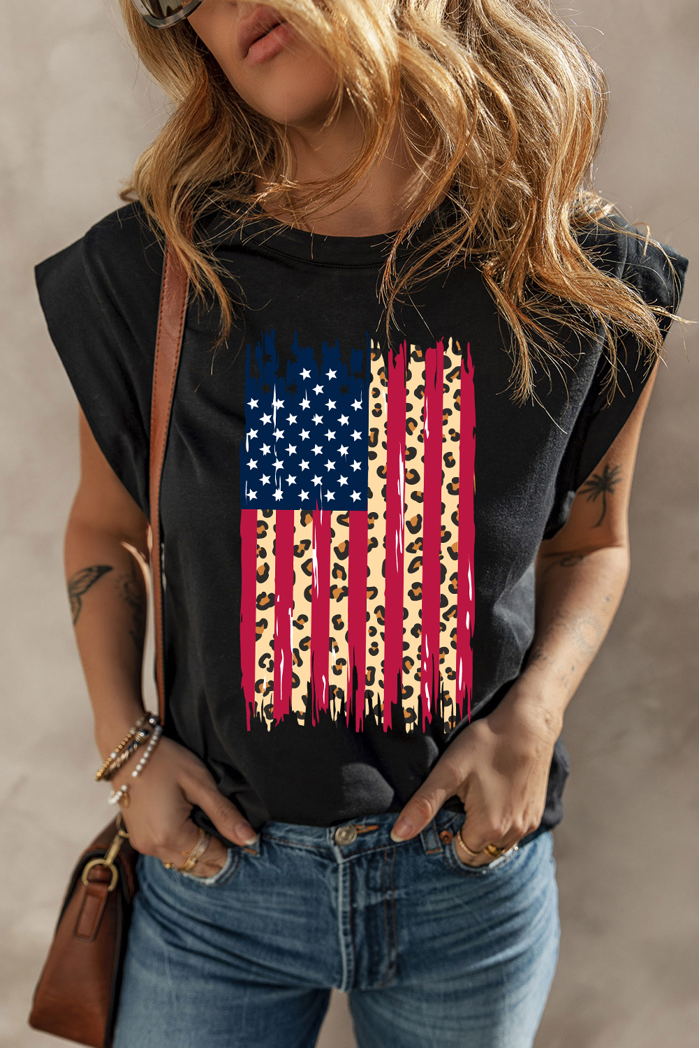 Black Leopard US Flag Printed Sleeveless Cotton Top - loveforevers