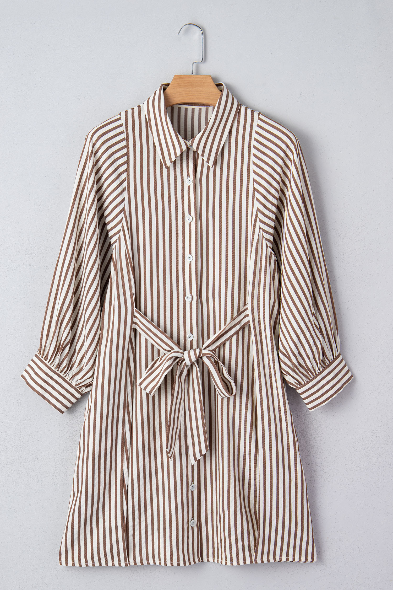 Brown Stripe Knot Waist Puff Sleeve Button Down Mini Shirt Dress - loveforevers