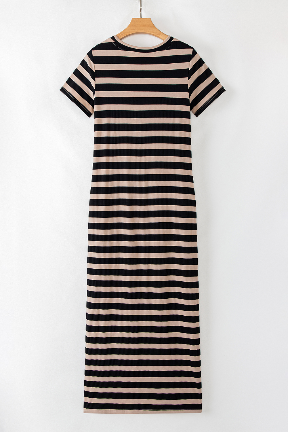 Black Stripe Casual Round Neck T-shirt Maxi Dress with Pockets - loveforevers