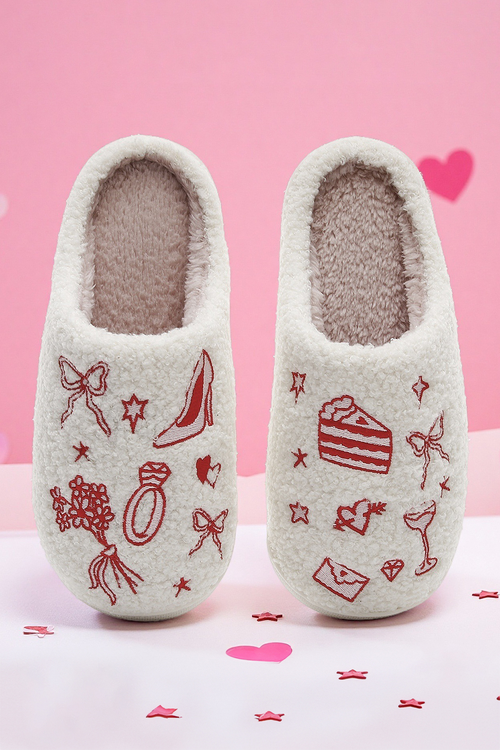 Fiery Red Plush Asymmetric Wedding Doodles Embroidered Slippers - loveforevers