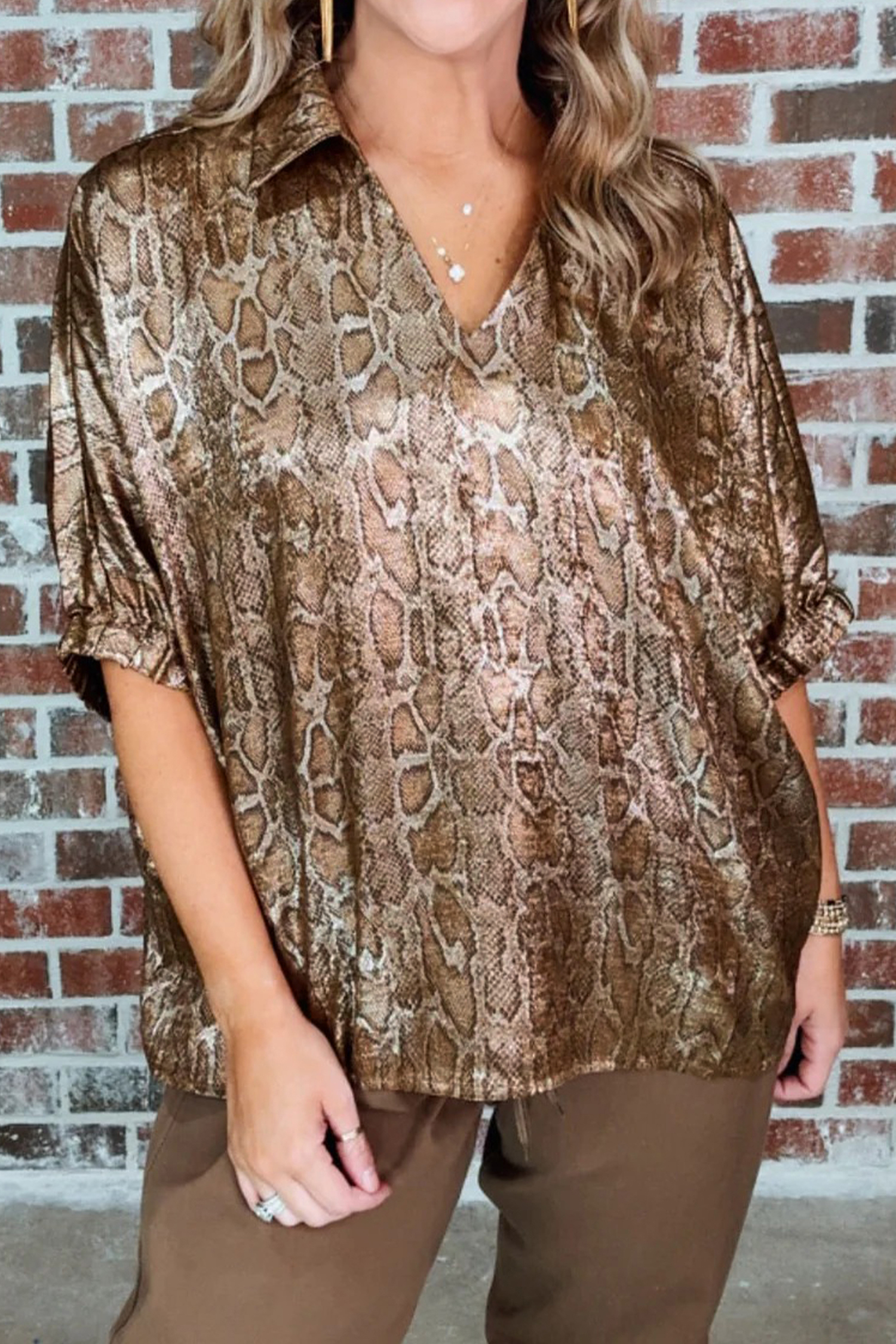 Brown Polo Collared V Neck Short Sleeve Metallic Leopard Blouse - loveforevers