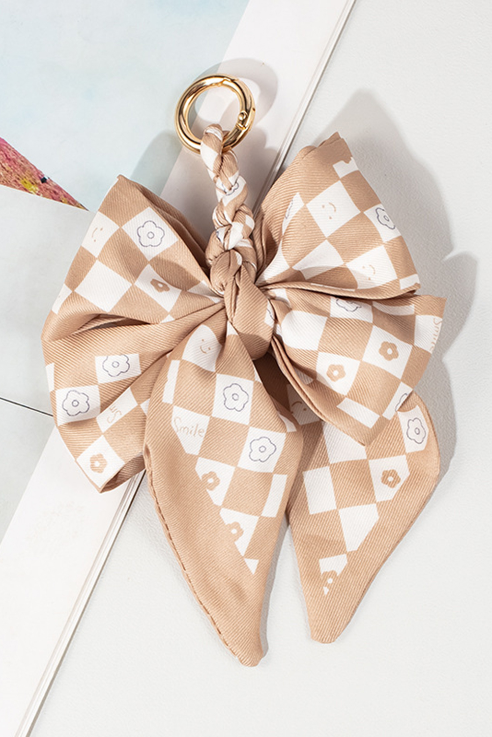 Smoke Gray Checkered Flower Bow Knot Keychain - loveforevers
