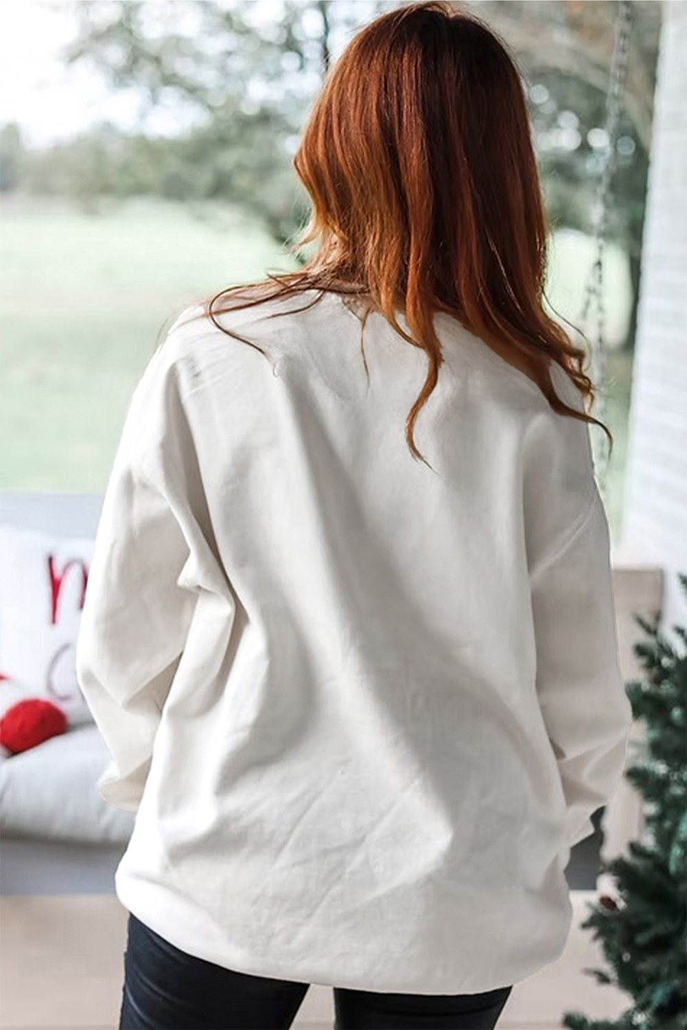 White Pearl Plaid Christmas Tree Patched Drop Shoulder Sweatshirt - loveforevers