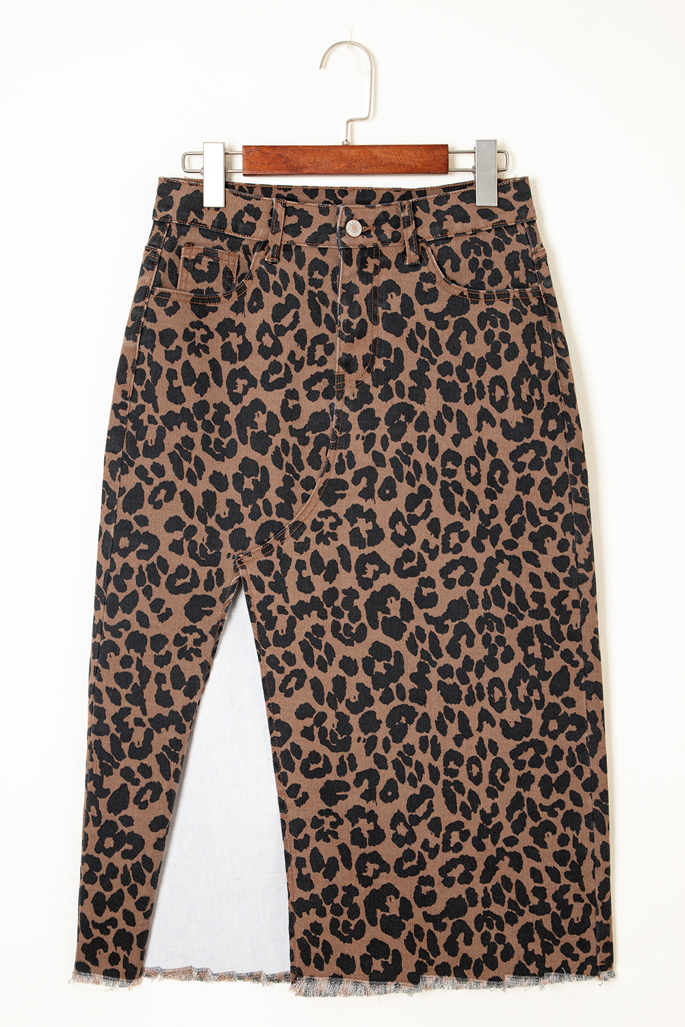 Brown Leopard Denim Frayed Split Denim Midi Skirt - loveforevers