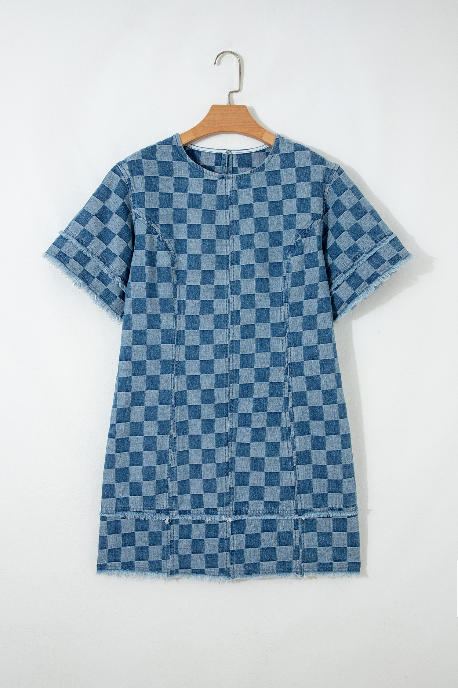 Sky Blue Frayed Hem Checkered Denim Mini Dress - loveforevers
