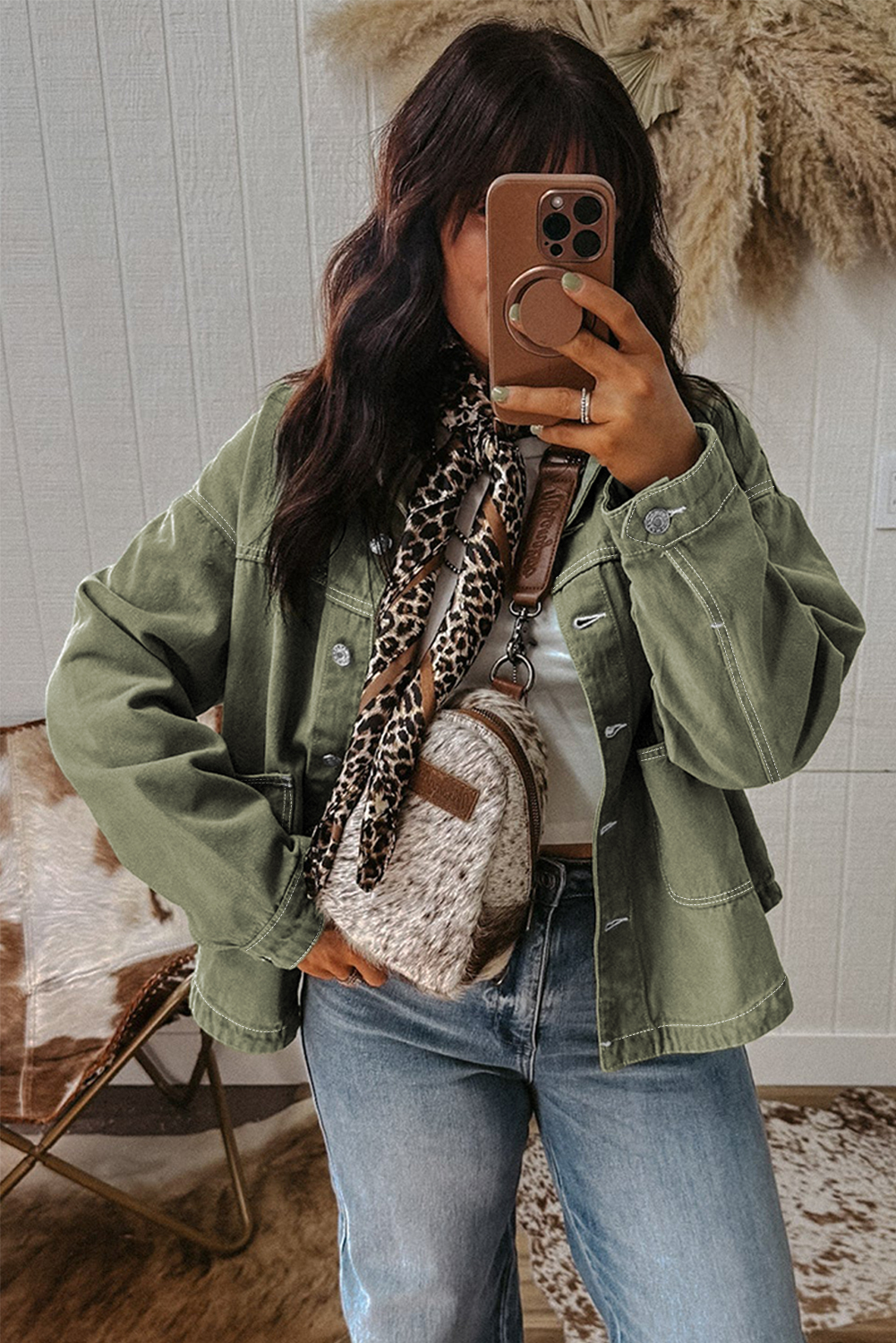 Smoke Green Patched Pocket Collared Button Front Boyfriend Denim Jacket - loveforevers