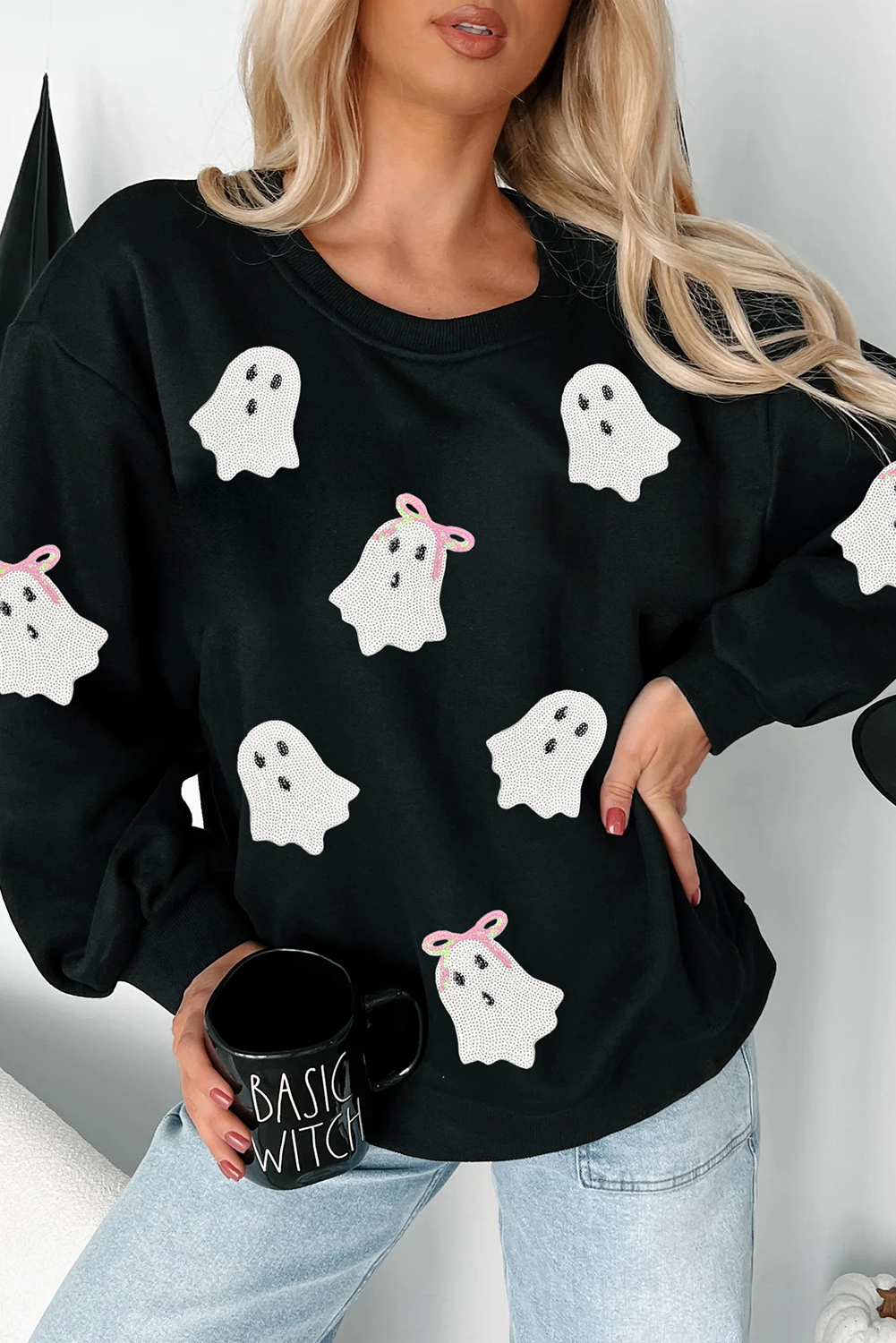 Wisteria Glitter Trim Chenille Ghost Patched Halloween Graphic Tee - loveforevers