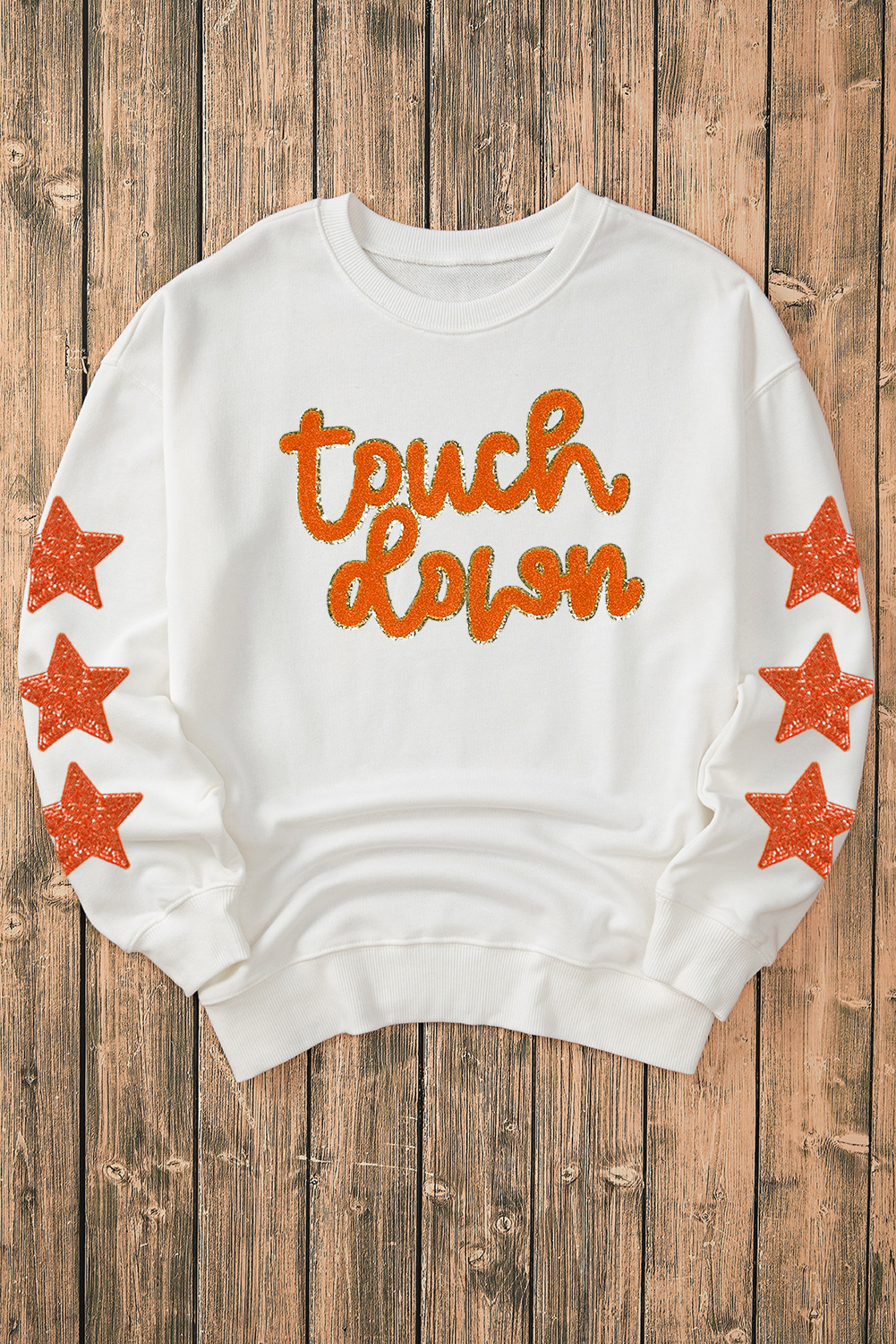Beige Glittering Touch Down Patched Pattern Star Sleeve Sweatshirt - loveforevers