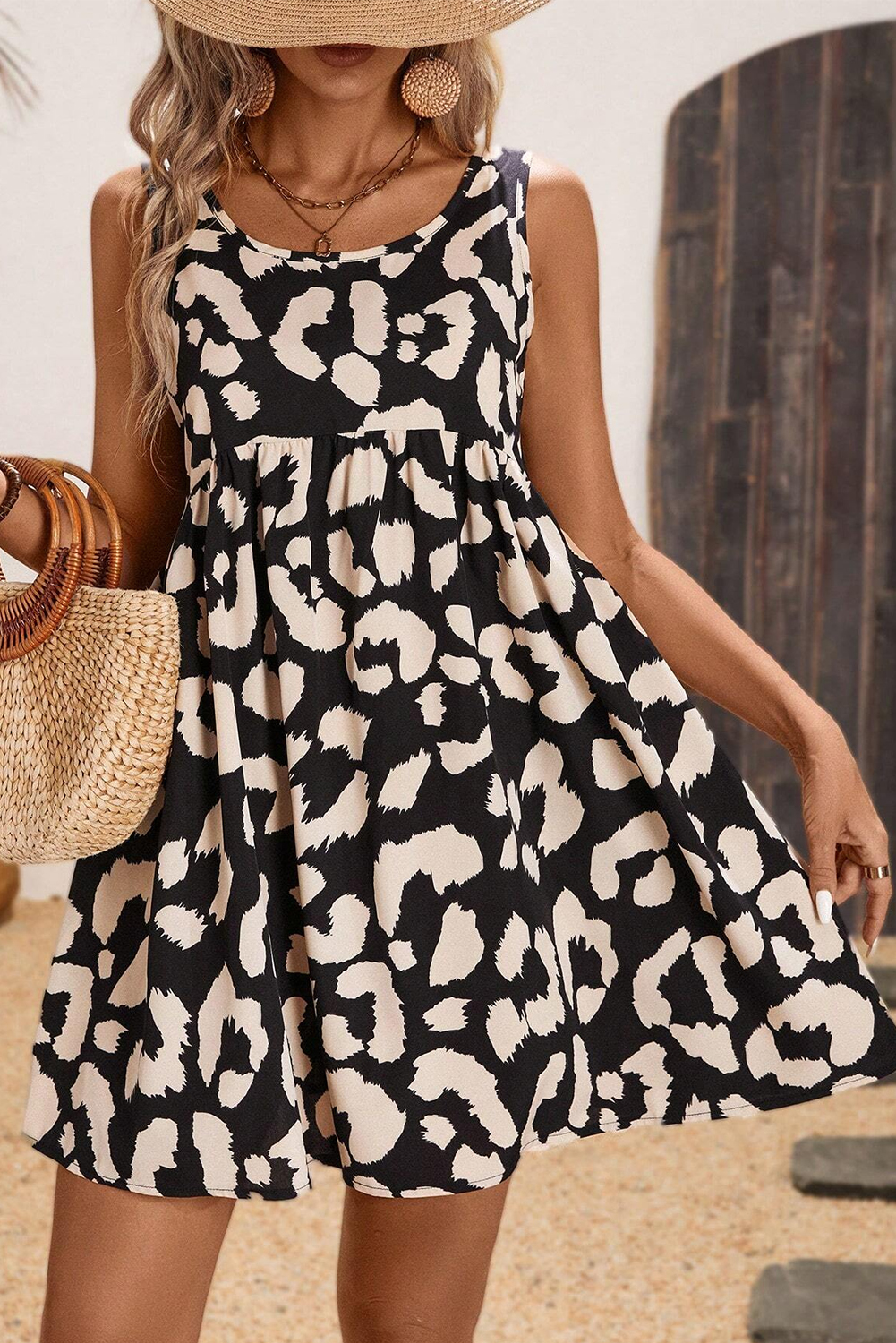 Black Leopard Print U Neck Sleeveless High Waist Dress - loveforevers