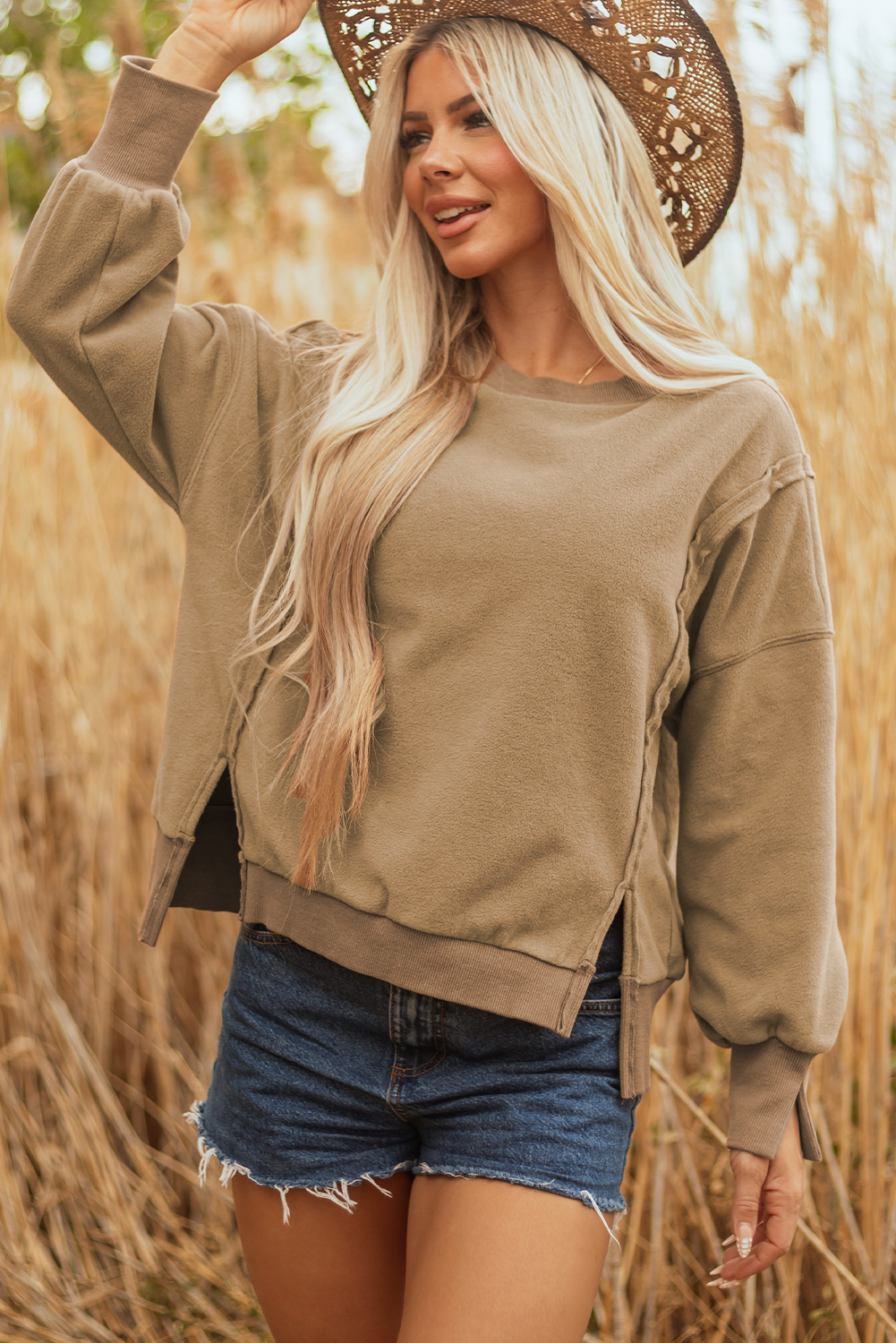 Dark Khaki Fuzzy Sherpa Splicing Pullover Sweatshirt with Side Slit - loveforevers