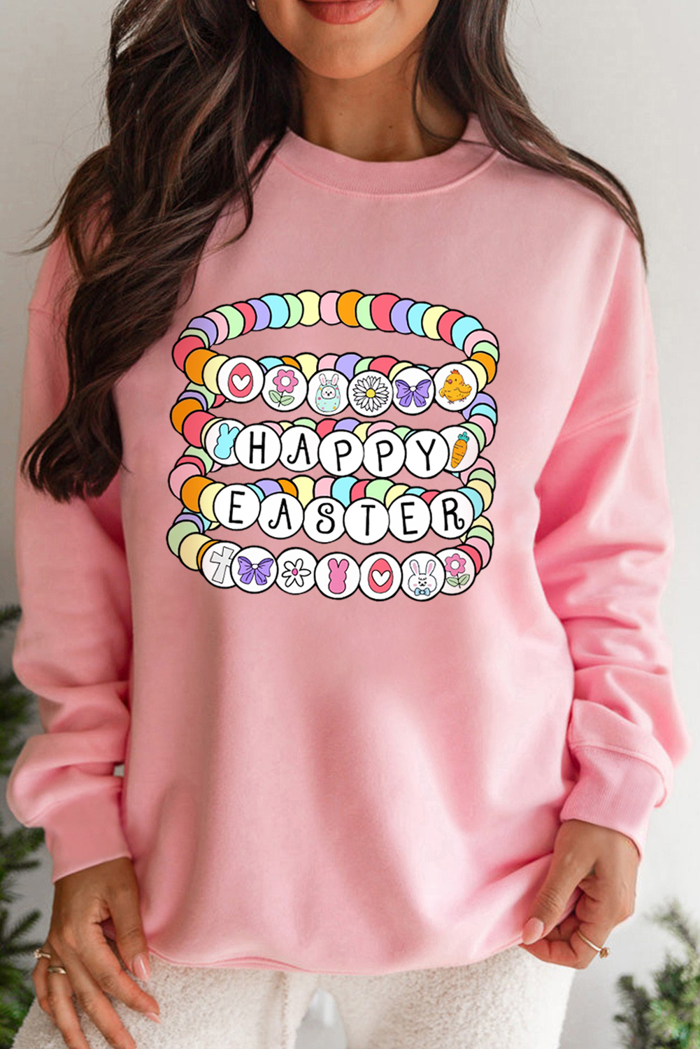 Pink Happy Easter Bracelet Print Drop Shoulder Sweatshirt - loveforevers