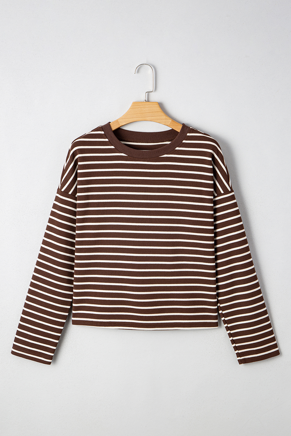 Brown Stripe Ribbed Cropped Crew Neck Long Sleeve T Shirt - loveforevers