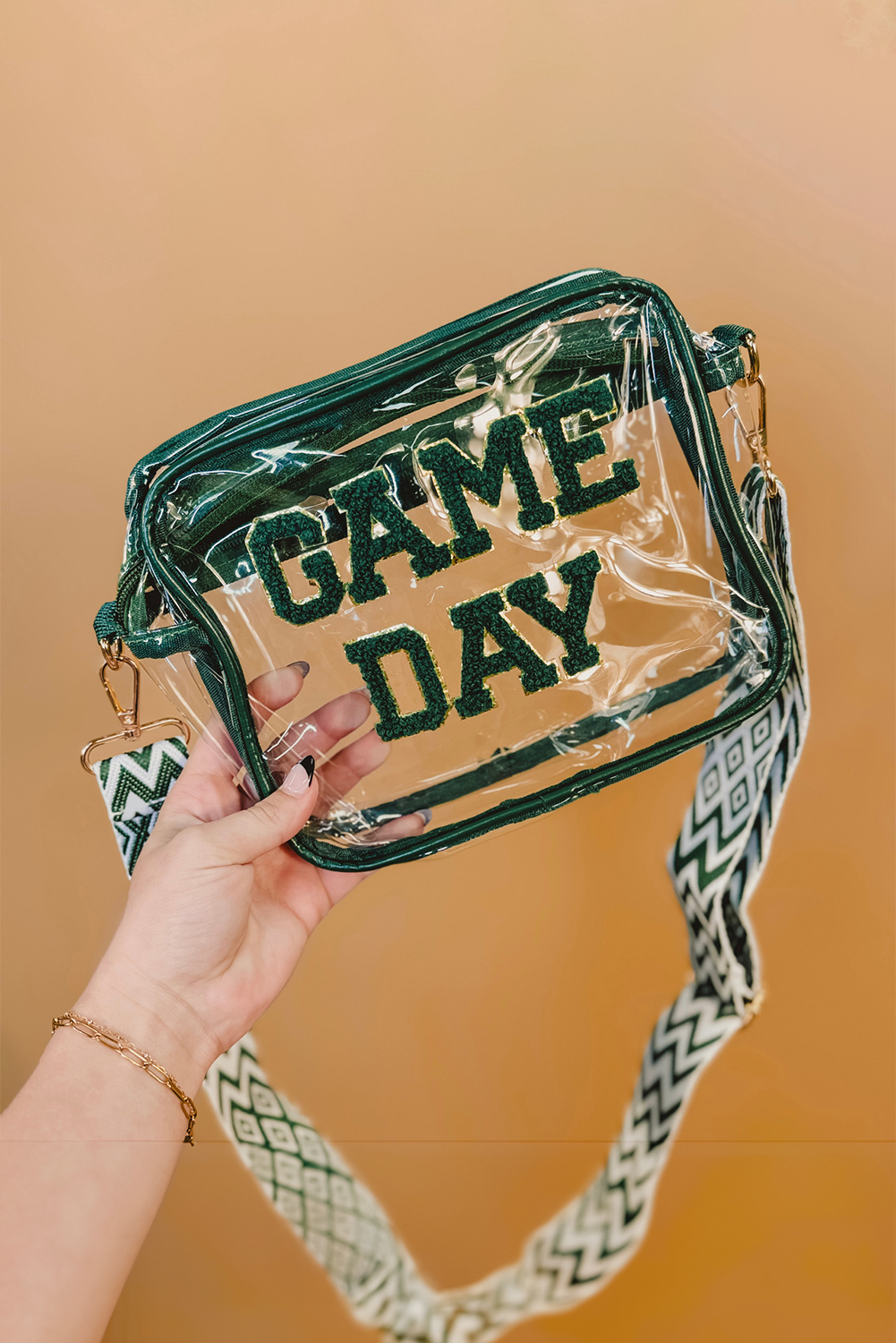 Blackish Green GAME DAY Chenille Embroidered Clear PVC Shoulder Bag - loveforevers
