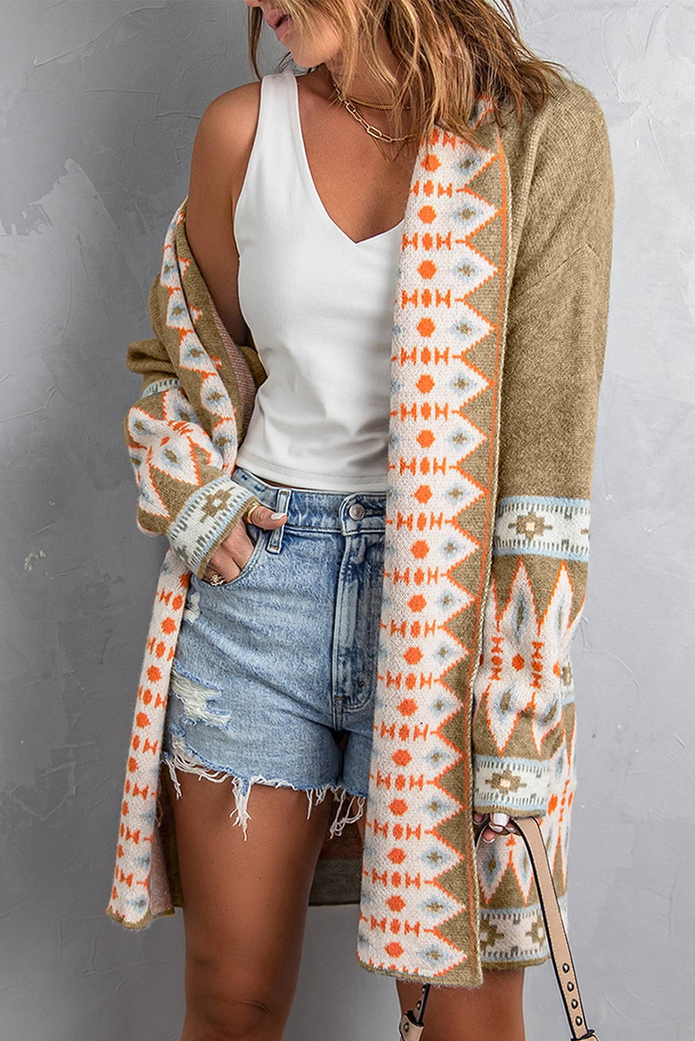 Brown Aztec Print Open Front Knitted Cardigan - loveforevers