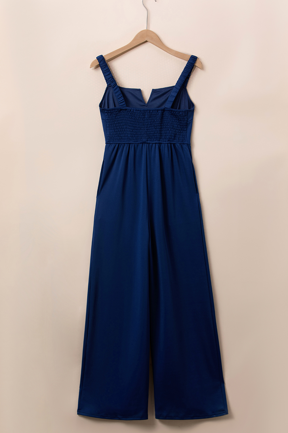 Blue Notched Neck Smocked Back Wide Leg Sleeveless Jumpsuit - loveforevers