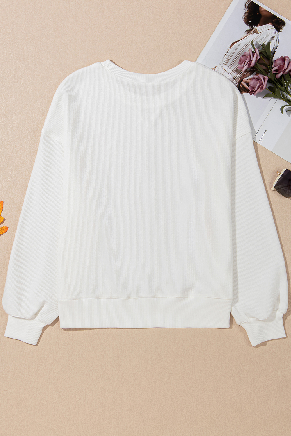 White Bowknot Pattern Corded Long Sleeve Drop Shoulder Top - loveforevers