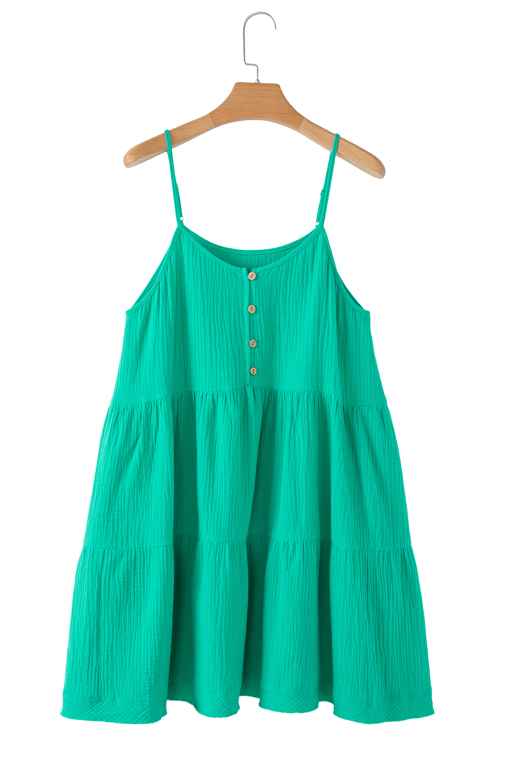 Sea Green Textured Buttoned Thin Strap Tiered Loose Fit Mini Dress - loveforevers