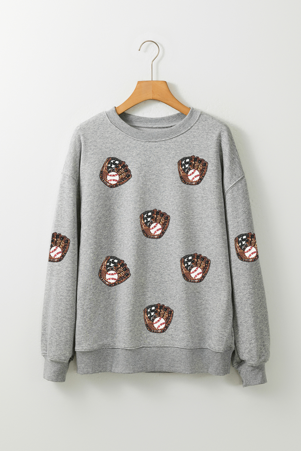 Gray Sequin Baseball Patched Casual Sweatshirt - loveforevers